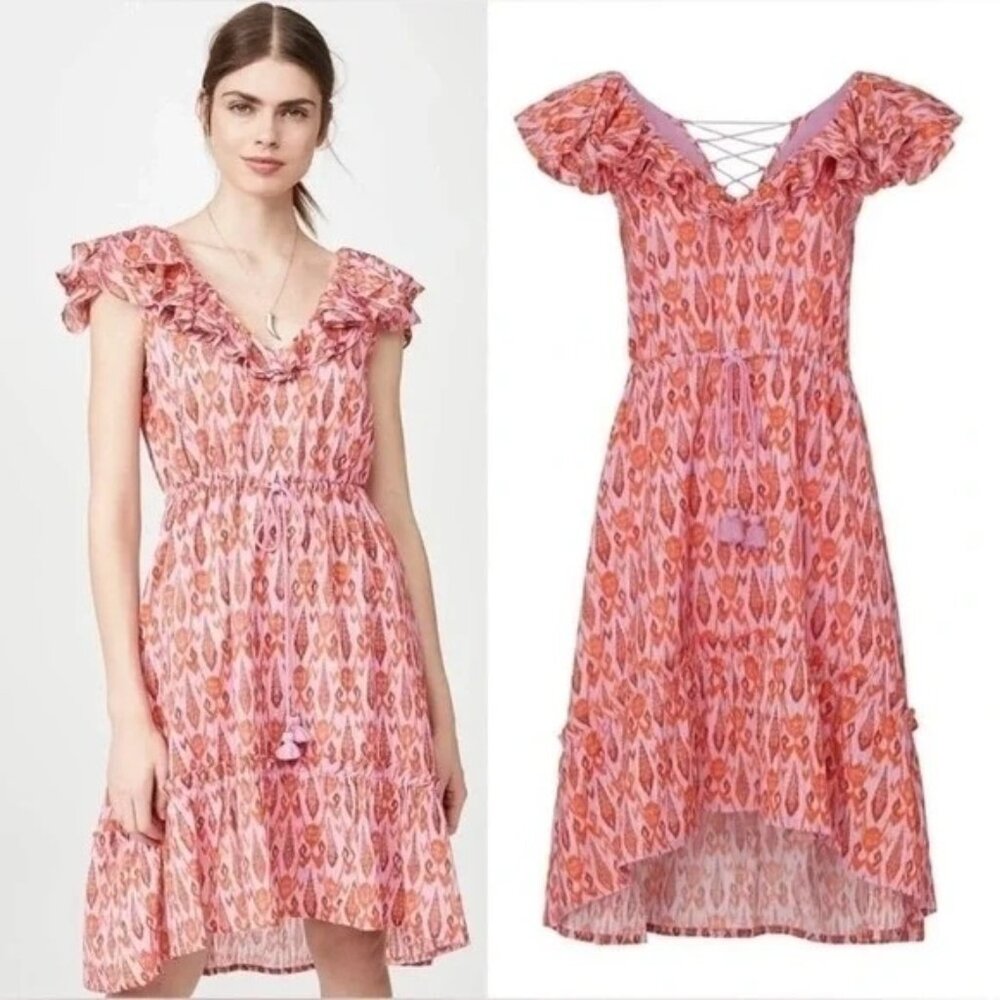 Figue Tahlia Ikat Pink Flutter Sleeve Hi-Low Hem Dress ‎ Womens S Vibrant